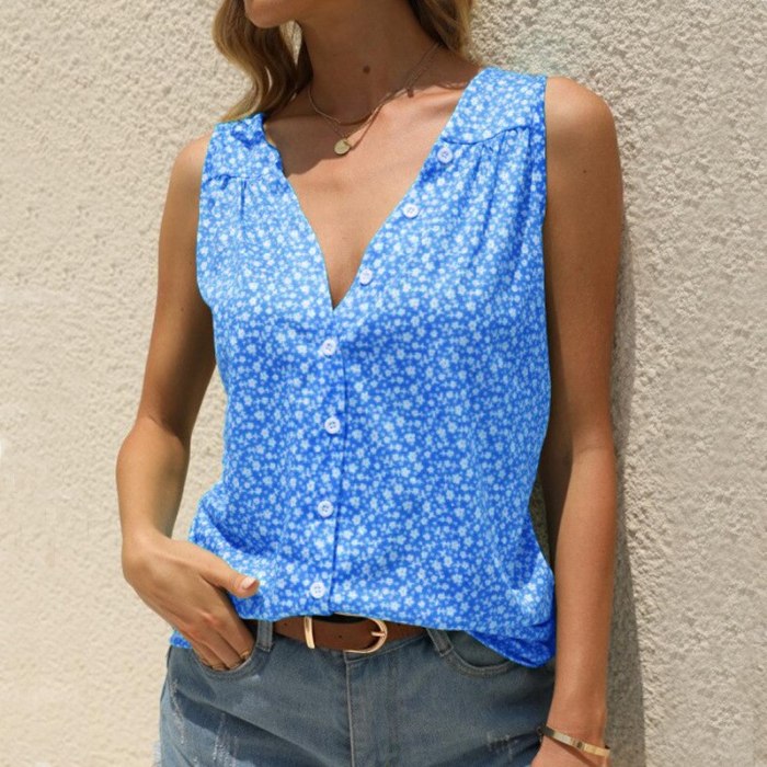 Plus Size Summer New Arrival Ladies Hot Sale Sleeveless Printed Tank Top Fashion Casual V-Neck Splice Loose Button Shirt Female