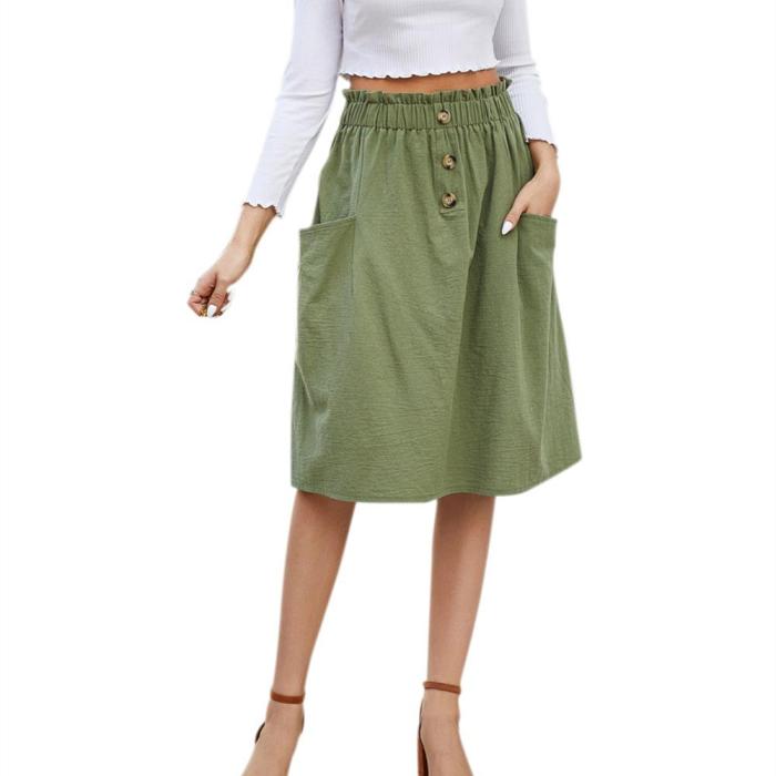 Women Skirts Korean Style Ladies High Waist Midi Knee Length Elegant Cotton Button A Line Skirt Female Pleated School Long Skirt