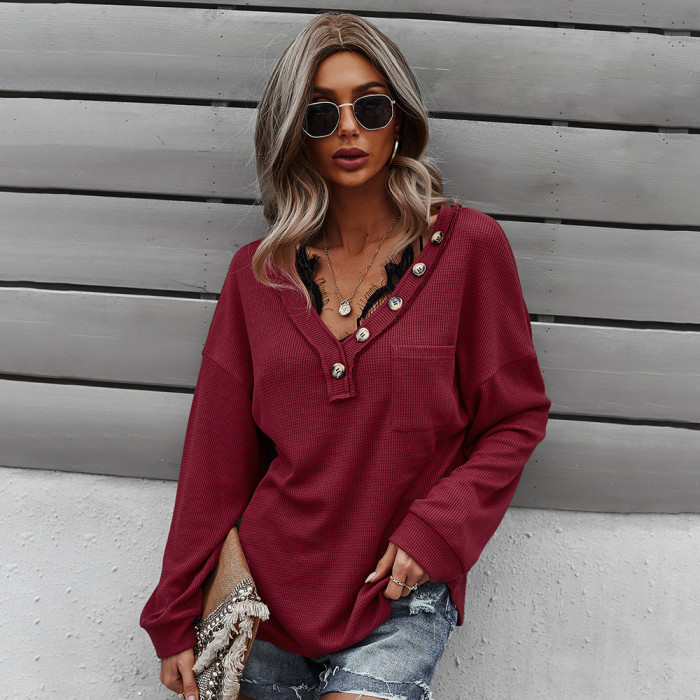 Womens Sweatshirts Button Korean V-neck Knitted Pullovers Thick Autumn Winter Loose Hoodies