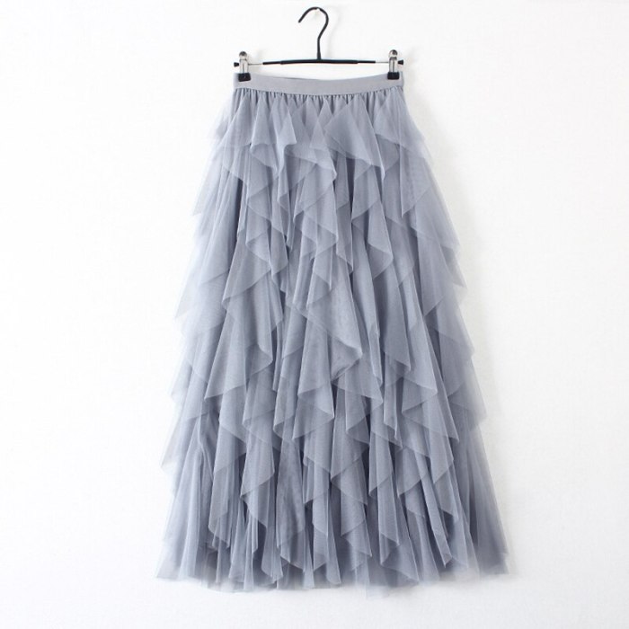 Irregular Tulle Skirt Women 2021 Spring Summer Korean Elegant High Waist Pleated Skirt Female A-line Long Maxi Skirt