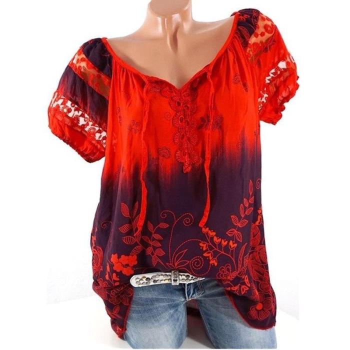 Women Floral Printed Lace Short Sleeve V-neck Blouse T-shirt Tops