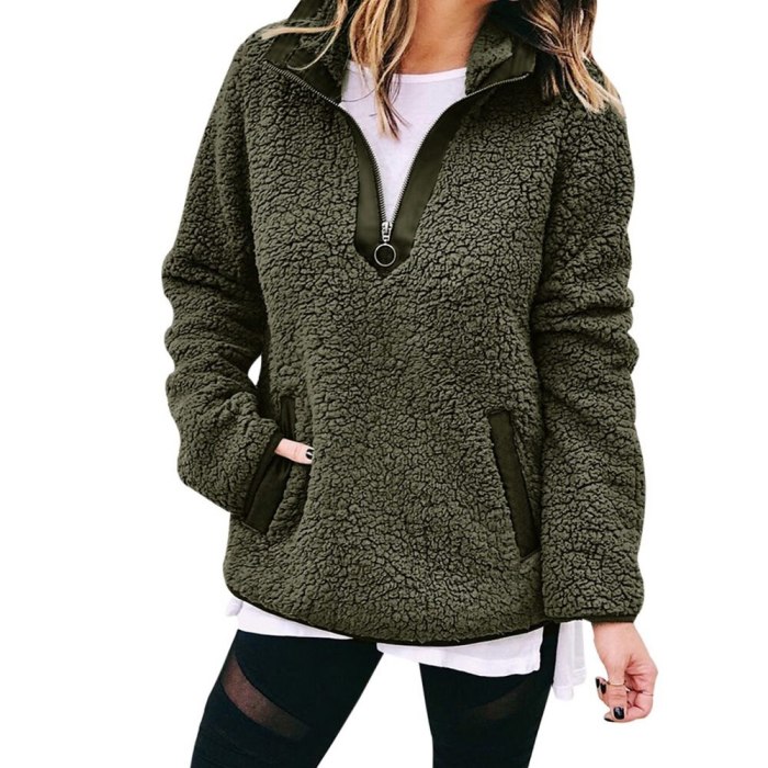 2021 New Women Fleece Sweatshirt Winter Harajuku Loose Pocket Hoodies Casual Faux Fur Zipper Collar Female Pullovers Thick Coat