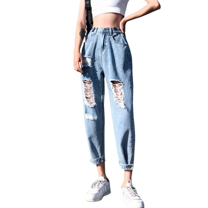 Fashion Vintage Ripped For Women High Waist Blue Jeans