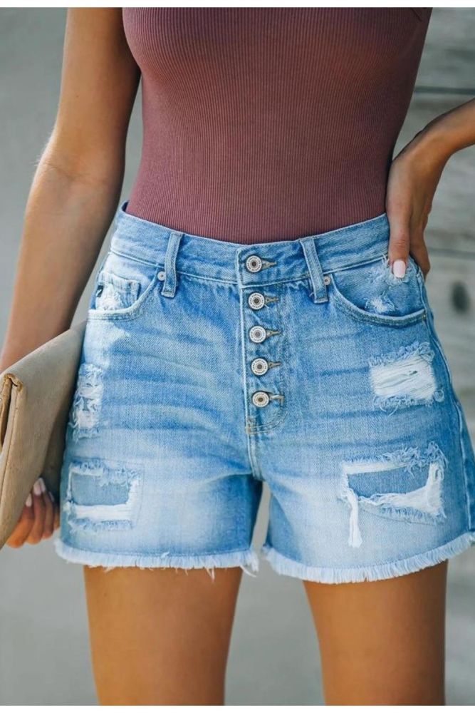 Women Fashion Pockets Ripped Denim Shorts Vintage High Waist Zipper Female Short Jeans Mujer 2021 Summer NEW