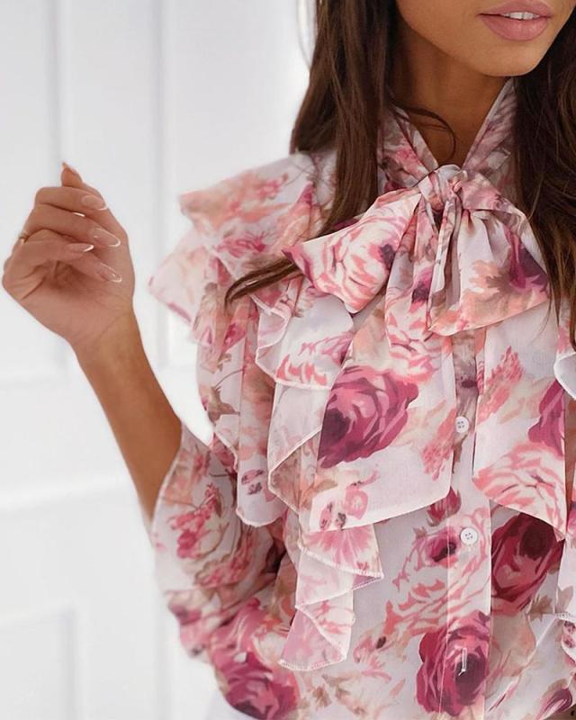Floral Bell Sleeve Ruffle Top