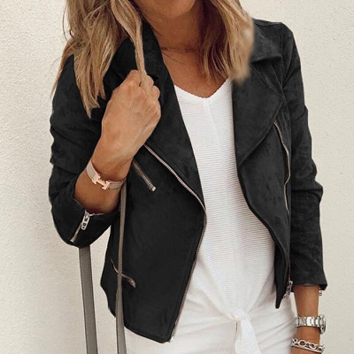 2022 Spring Autumn Solid Long Sleeve Top Outwear Fashion Zipper Design Short Jacket Women Elegant Lapel Collar Office Lady Coats