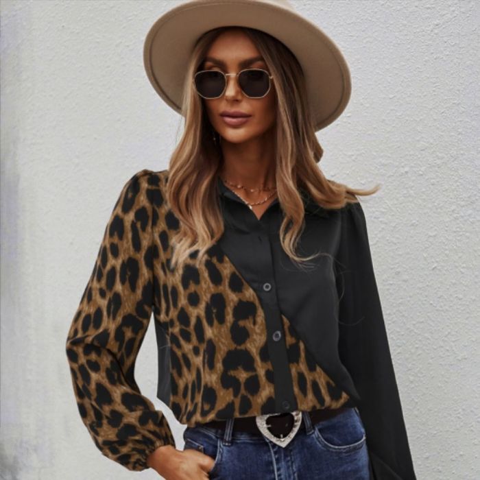 2022 Spring New Fashion Long Sleeve Leopard Print Stitched Shirts Splice Womens Tops and Blouses