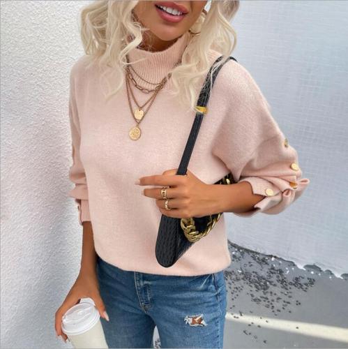 Knit Ribbed Sweater Button Pullover Female Jumper Fall Winter Long Sleeve Half Turtleneck Side Slit Knitwear Sexy Sweaters