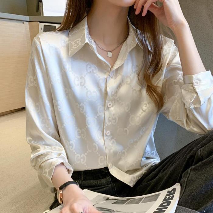 Women's shirts and women's 2021 spring trendy design sense niche western style age reduction Korean style wear satin chiffon