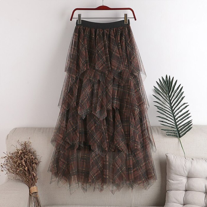 Spring Cakee Blue Plaid Patchwork Retro Long Tulle Skirts High Low Irregular Check Maxi Long Mesh Skirts