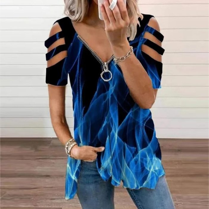 2021 Spring Summer Fashion V-Neck Zipper Blouses Shirts Women Elegant Solid Hollow Out Pullover Tops Ladies Casual Loose Blusa