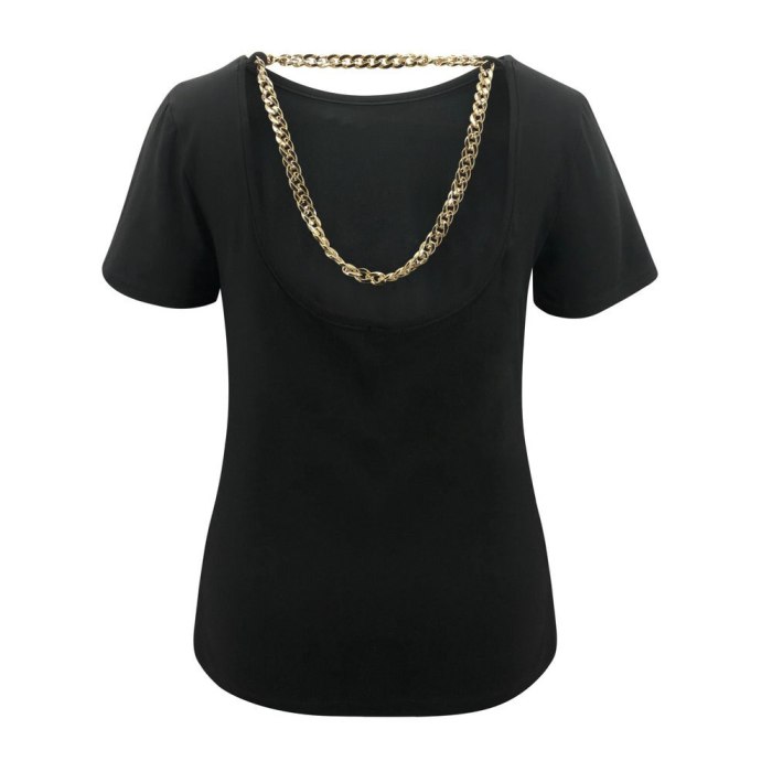2021 Summer New Fashion Sexy O Neck Backless Women's T Shirt Casual Solid Slim Short Sleeve Chain Patchwork Lady T Shirt