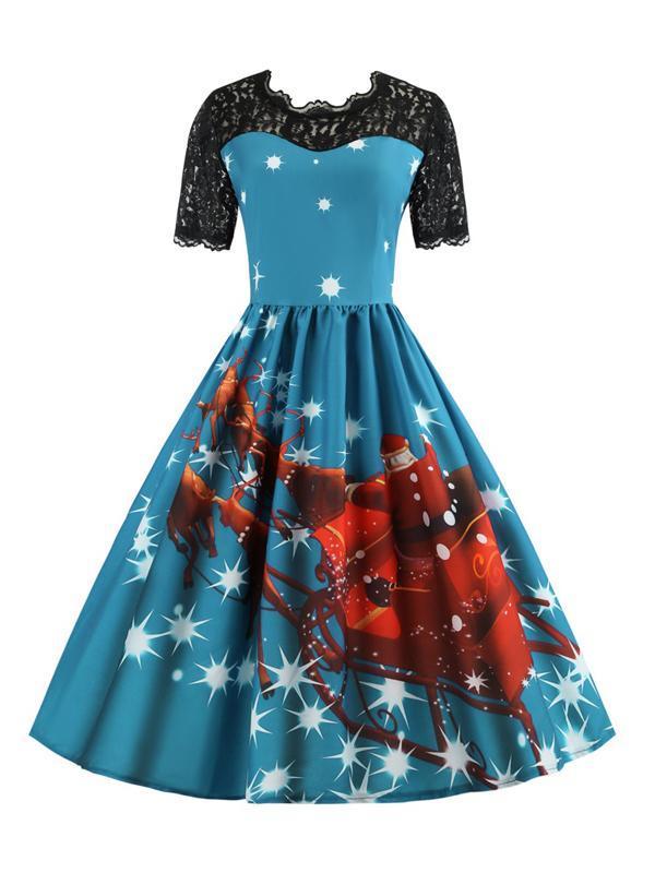 Women's Christmas Theme Half Lace Sleeve Vintage Dress