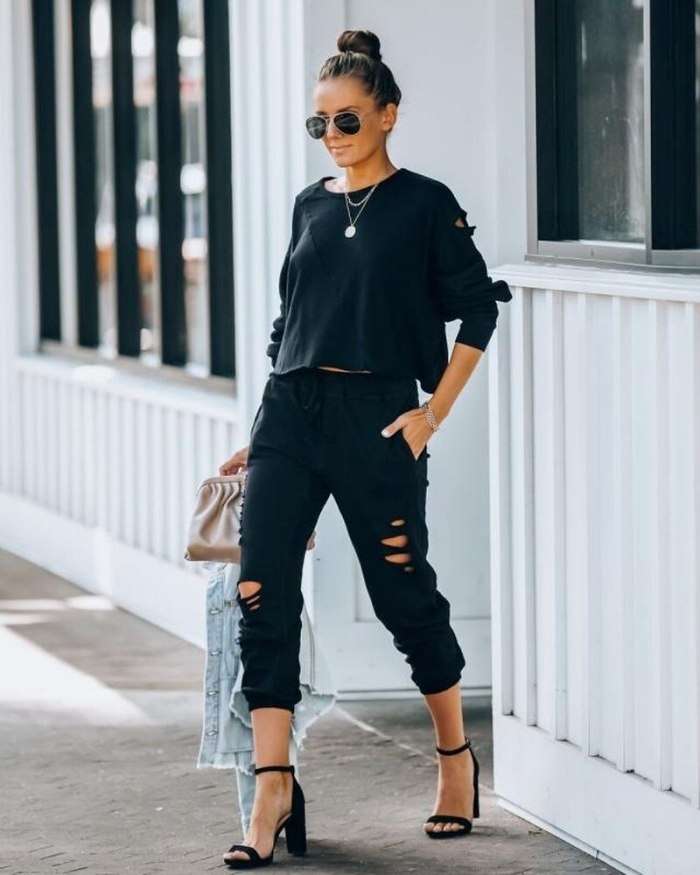 New Women's Suit Fashion Spring/Autumn Suit Long Sleeve Stitching Ripped Trousers Sports Women's Suit