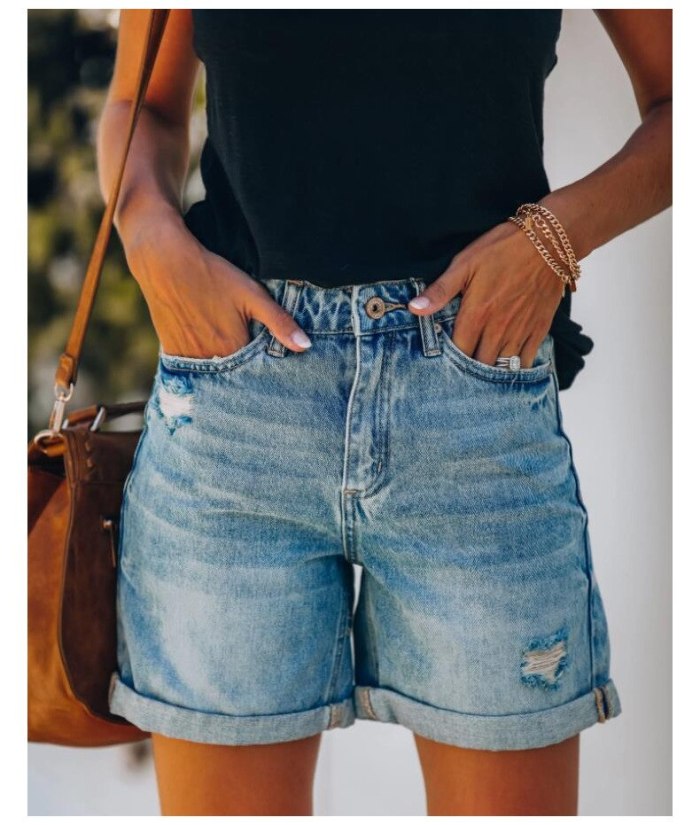 2021 New Summer Women Casual Light Blue Hole Jeans Denim Shorts Feminino