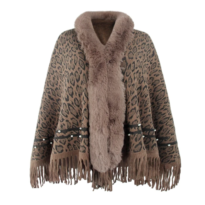 Leopard Print Fur Collar Coat Tassel Knitted Shawl Women Vintage Soft Warm Capes & Ponchos