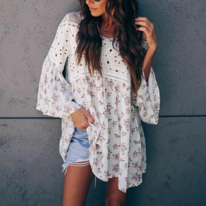 Sweet V Neck Bell Sleeves Hollow Out Floral Pattern Shirt