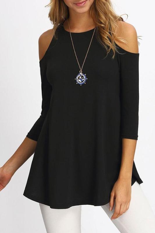 Open Shoulder Cutout Plain Blouses