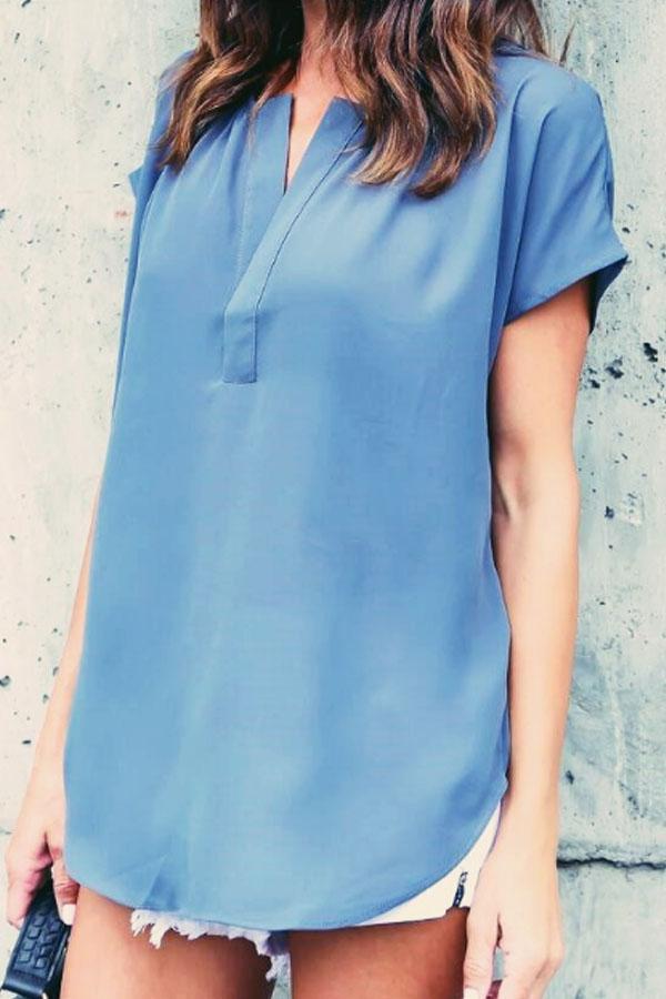 V Neck Asymmetric Hem Plain Blouses