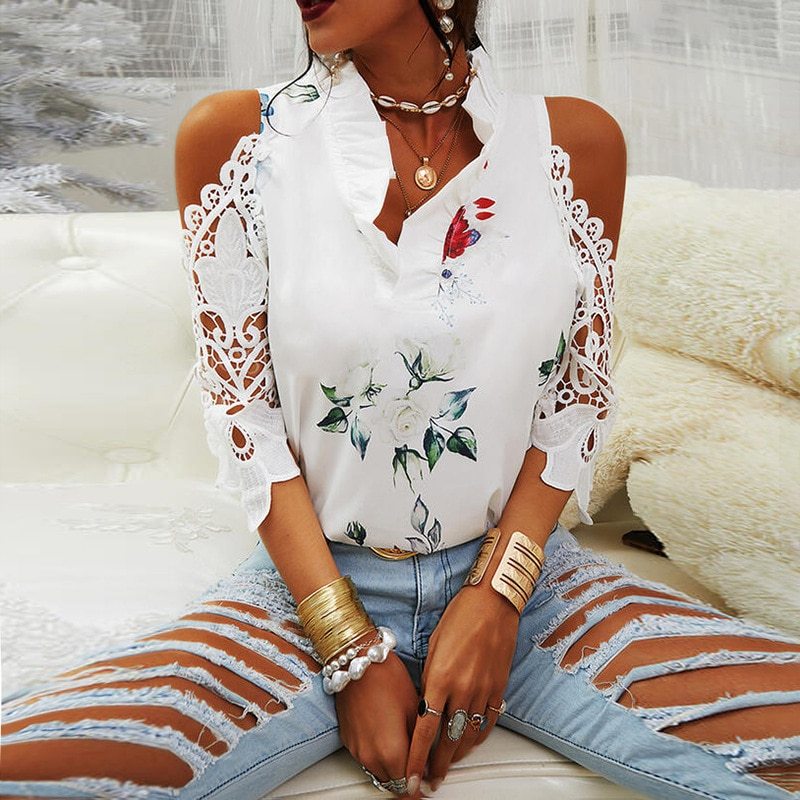 Sexy Off Shoulder Hollow Out Embroidery Shirt Blouses Summer Elegant Ruffle V Neck Tops Pullover Women Autumn 3/4 Sleeve Blusas