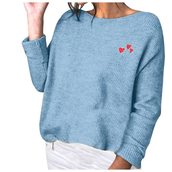 Long-sleeved Blouse Pullover Chest Love Knit Sweater Round Neck Sweater Winter comfortable and casual ladies sweater knit top