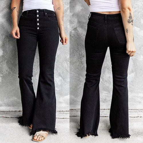Women's Pants y2k Flare Pants Women's Jeans Mom Black Fur-lined Jeans Stretch Button Jeans Streetwear Denim Trousers Black Jeans