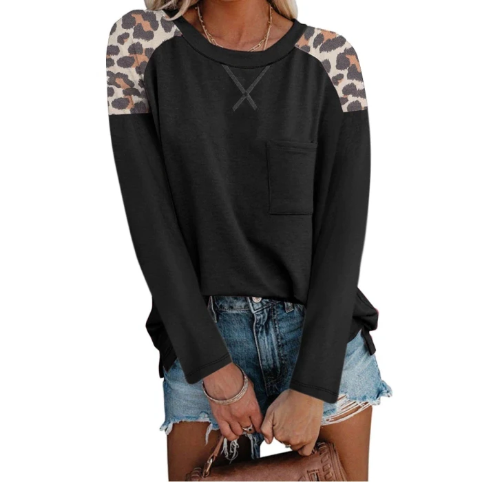 Autumn Leopard Print Patchwork Tops Women Casual Long Sleeve O Neck T-Shirts Female Stitching Pocket Tees Loose Pullover Tops