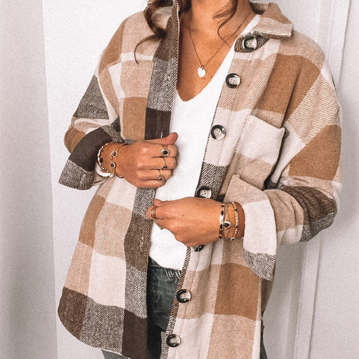 2021 Spring Plaid Women's Jacket Check Wool Loose Long Sleeve Single Breasted Female Jackets Autumn Elegant Fashion Lady Coat