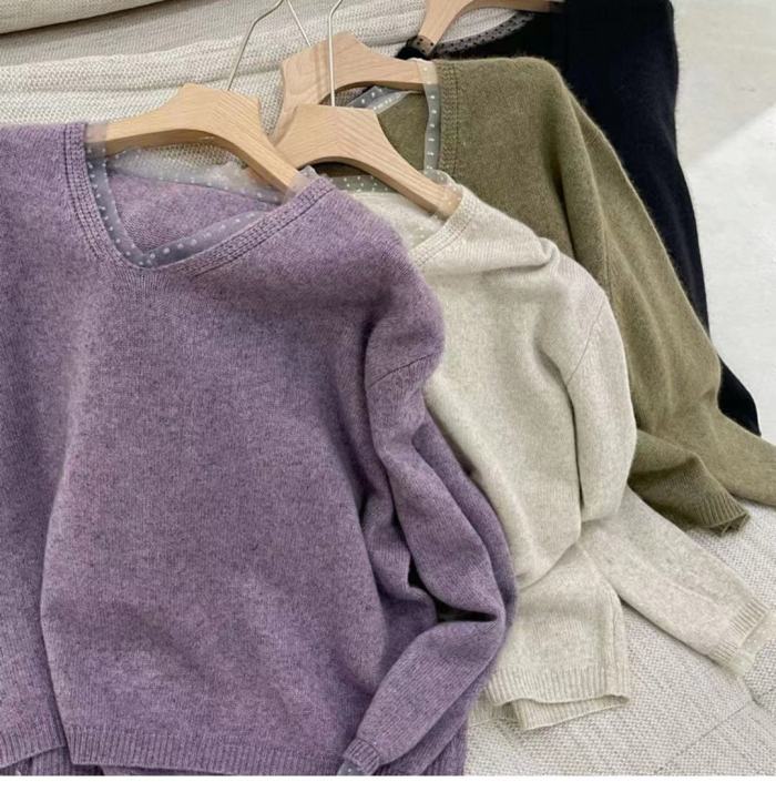 All-match V-neck sweater lazy loose lace stitching pullover sweater 2021 autumn and winter Korean fashion women's clothing