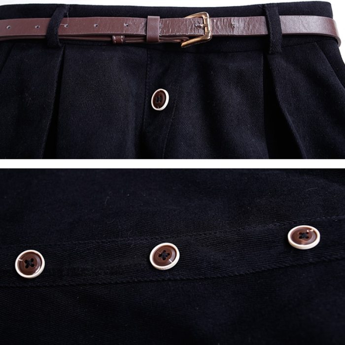 Japan Style Sweet Women's Skirt Winter Casual Elastic Waist Single Breasted A-Line Pleated Skirt With Belt Black Brown