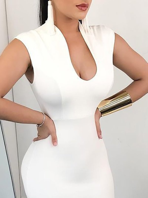 Sexy Stand Collar Sleeveless Pure Colour Bodycon Dresses