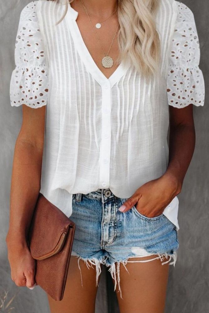 Women V-Neck Top Summer Casual Solid Color Pleated Lace Stitching Short Sleeved Tshirt Elegant Office Loose Hollow Out Clothes