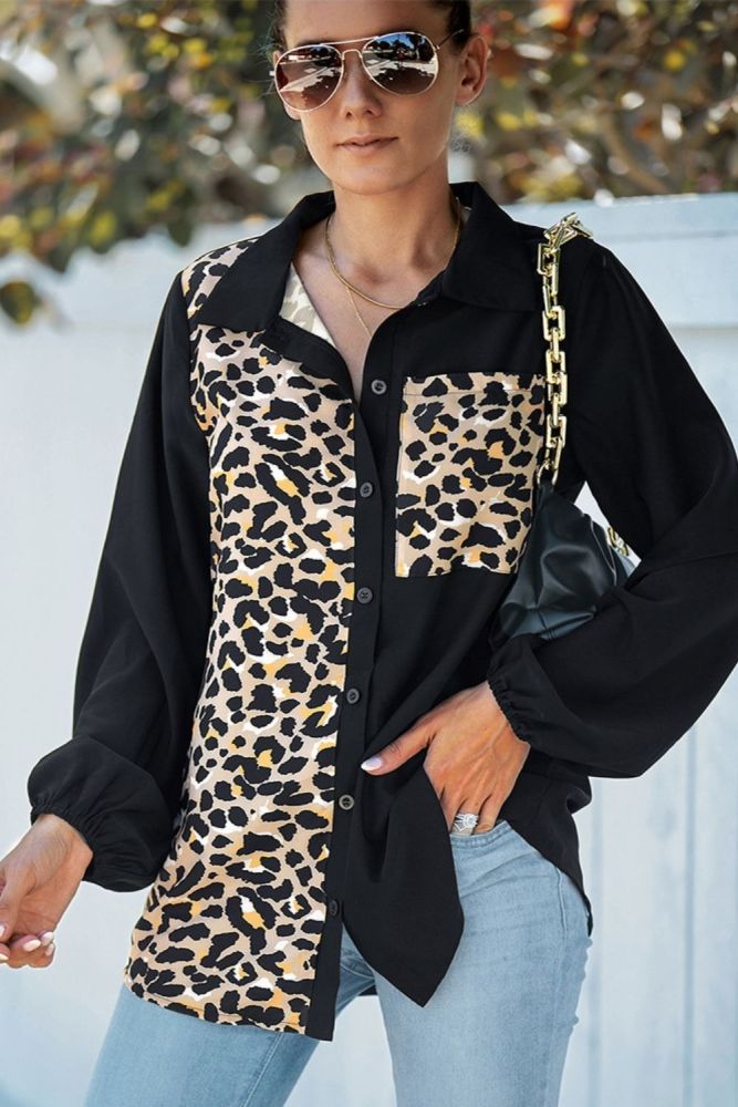 Leopard Print Patchwork Shirt for Women 2022 Spring Fashion Blouse Lapel Casual Solid Long Sleeve Button Asymmetric Shirt