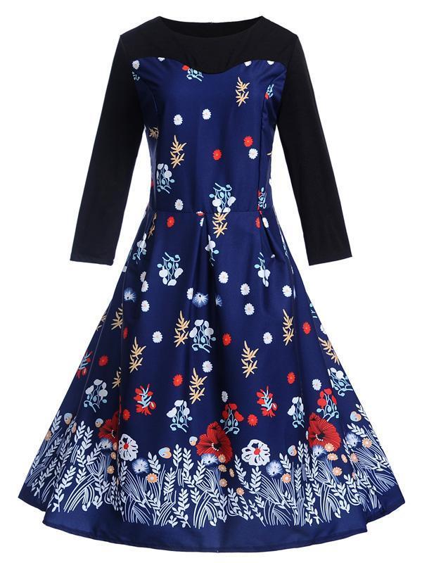 Women's Retro Floral Print Long Sleeve Vintage Dress