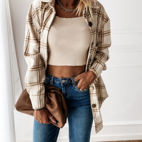 Oversize Women's Plaid Jackets Long Sleeve Ladies Tops Outwear Spring Autumn Loose Blends Check Buttons Coats