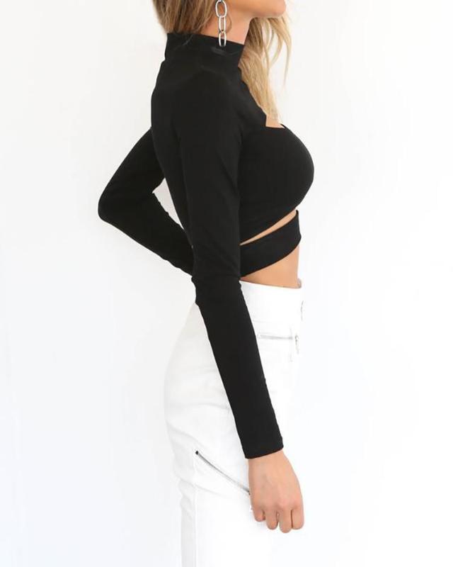 Solid Long Sleeve Cut Out Crop Top