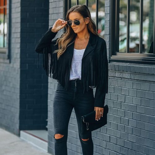 Faux Suede Jacket Women's Motorcycle Lapel Handsome Jacket Fall 2021 Ladies Solid Fringed Short Coat Women Jackets