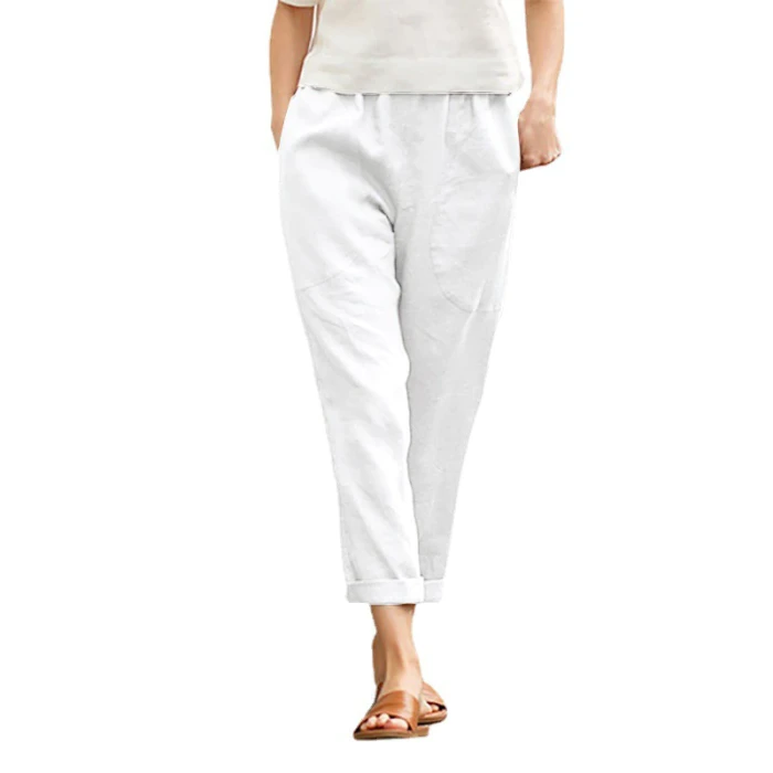 Cotton Linen Big Pocket Thin Women's Pants Solid Elastic Waist Pant For Women 2021 Summer Straight White Homewear Trousers