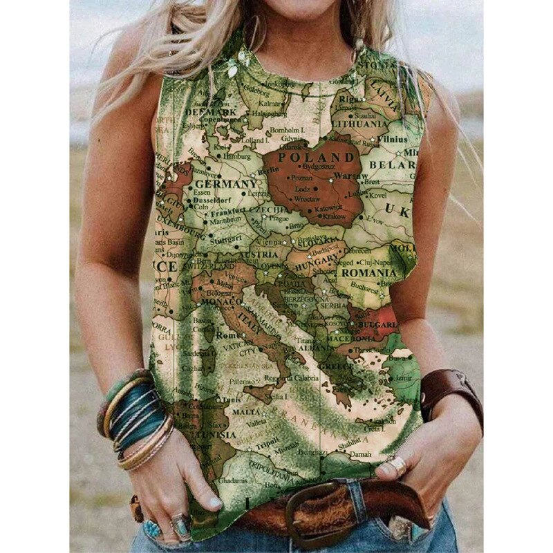 Summer New Fashion Women's Round Neck Plus Size Pullover Sleeveless Map Printed Vest Casual Top Women Clothing Female Tee Shirt