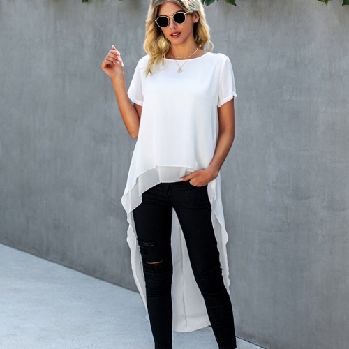 Women Dovetail Long Blouse Shirts Casual Solid Woven Ruffle Blusa Top 2021 Summer Short Sleeve O Neck Chiffon Elegant Blouses