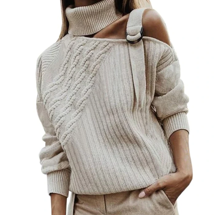 Autumn Winter Solid black sweater women turtleneck off shoulder cut out Pullover Plus Size warm long sleeve Knitted Sweater