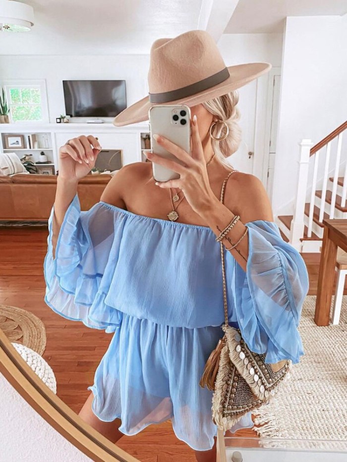 2021 Summer Fashion Chiffon Playsuits Rompers Sexy Flare Sleeve Shorts Beach Bodysuits Women Sweet Solid Off Shoulder Jumpsuits