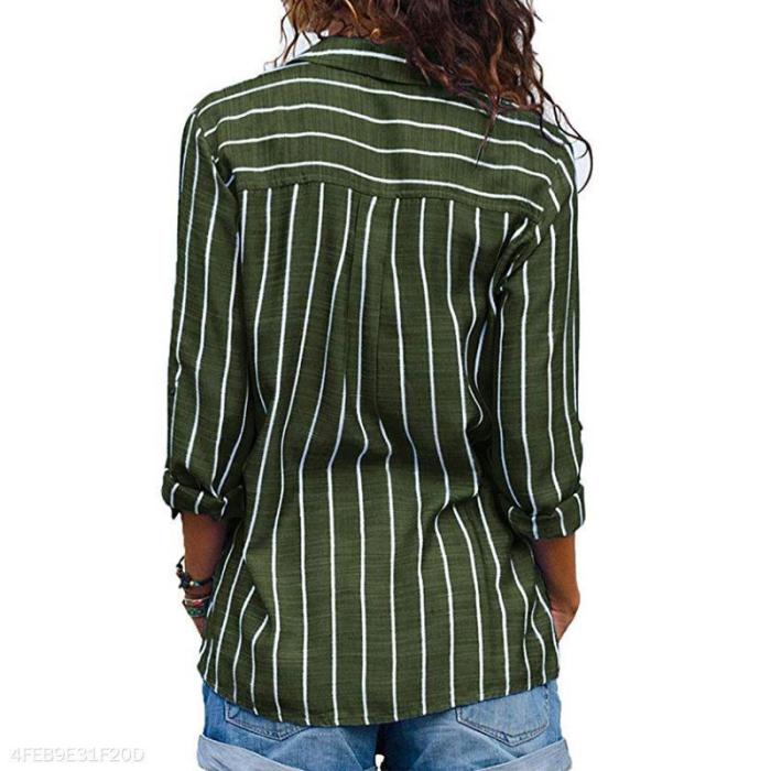 Fashion Stripes Lapel Pocket Long Sleeve Blouses