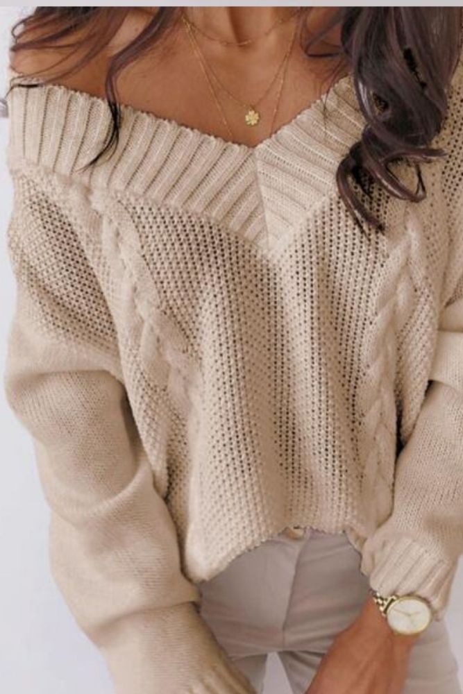 New Solid V-neck Women's Sweater Drop Shoulder Long Sleeve Knit Sweaters Female 2021 Autumn Winter Loose Fashion Lady Pullover