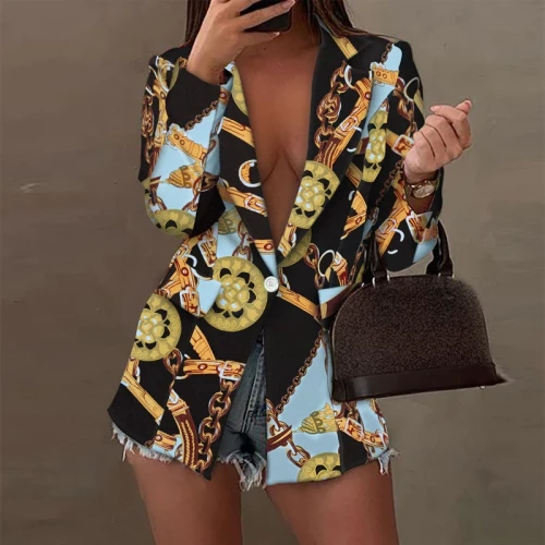 Women Cardigan Suit Jacket Retro Pattern Print Office Lady Slim Blazer Elegant Turn-down Collar Button Fashion Coats Streetwear