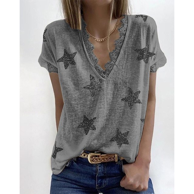 2021 New V-neck T-Shirt Fashion Star Printed Short Sleeve Sexy Lace Casual Basic Tees Female Summer Plus Size S-5XL Clothes Tops