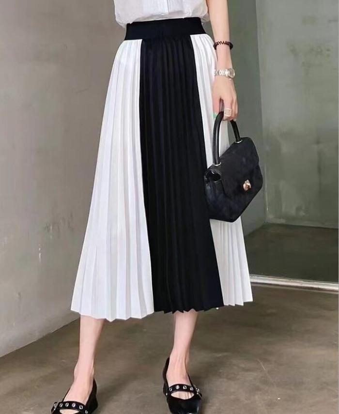 High waist slimming elastic waist knitted fabric striped pleated skirt spring color matching mid-length half-length female skirt