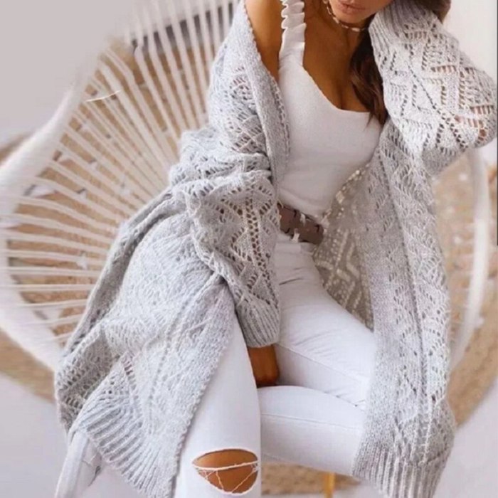 Women Hollow Out Knitted Long Cardigan Sweater Autumn Casual Office Female White Outwear Long Sleeve Sweater 2021 Loose Coat