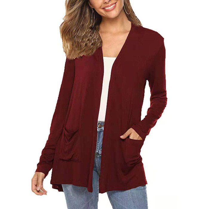 Women Simple Style Cardigan Solid Color Long Sleeve Knitwear with Pockets