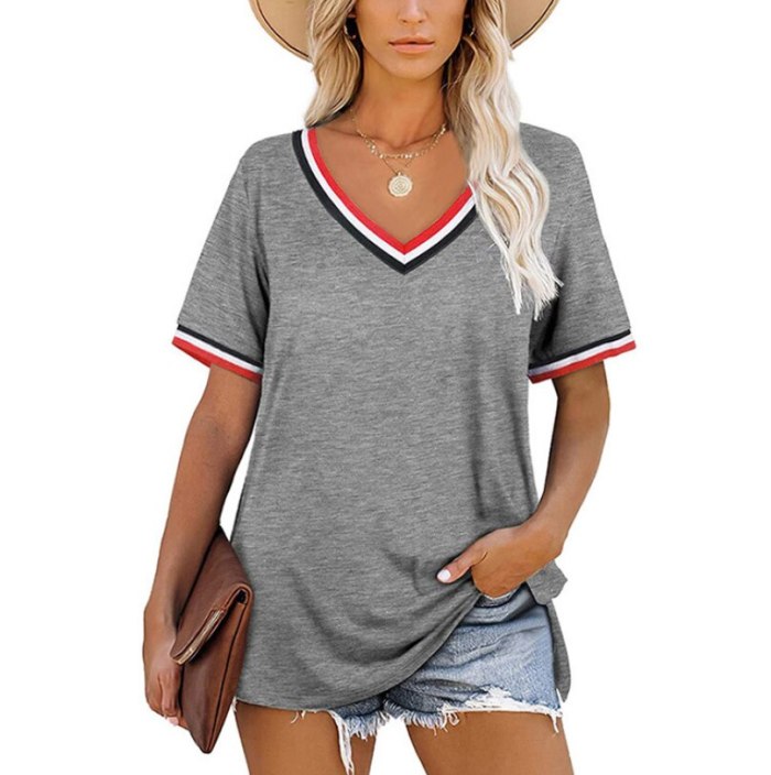 Women'S T-Shirt 2021 Stripe Splicing Color Matching Short Sleeve V-Neck T-Shirt Loose Casual Top Crop Camisetas De Mujer Tops